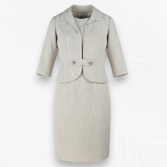 Vintage Dresses & Skirts - 50s Vintage Adele Simpson Beige Tweed Blazer Sheath Classic Dress Set Size 2